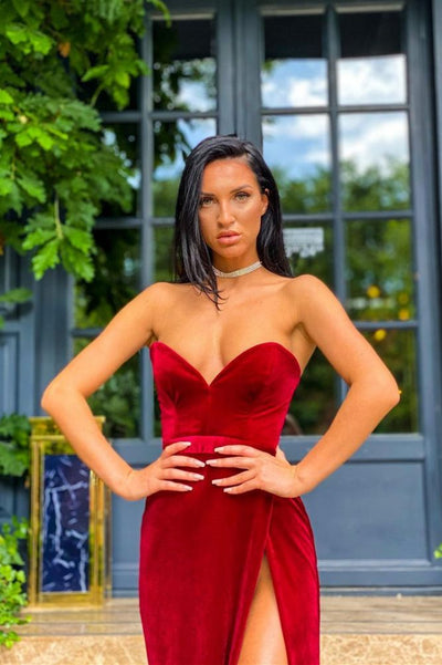 VELVET SWEETHEART FRONT SPLIT EVENING DRESS SLEEVELESS PROM PARTY GOWNS SAS27