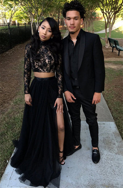 TWO PIECE LONG SLEEVES EVENING GOWN BLACK CHIC SLIT LACE PROM DRESS SAS33