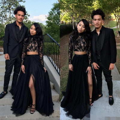 TWO PIECE LONG SLEEVES EVENING GOWN BLACK CHIC SLIT LACE PROM DRESS SAS33