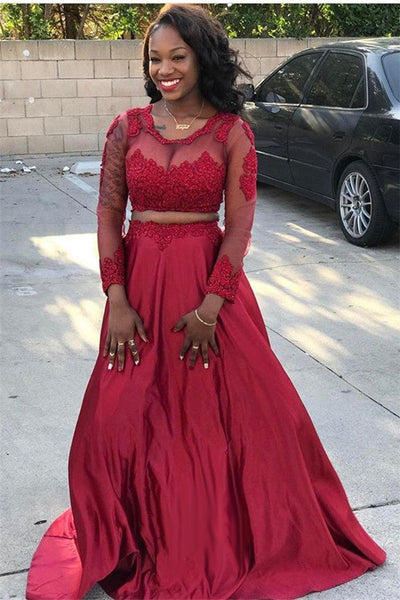 TWO PIECES ROUND NECK LONG SLEEVESS A-LINE PROM DRESS SAS34