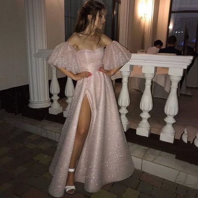 SPARKLE PEARL PINK SEQUINED HIGH SPLIT A-LINE PROM DRESS WITH BRACELET SAS45