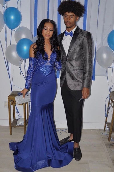 ROYAL BLUE MERMAID PROM DRESS PARTY GOWNS SEQUINED V-NECK PARTY WEAR SAS48