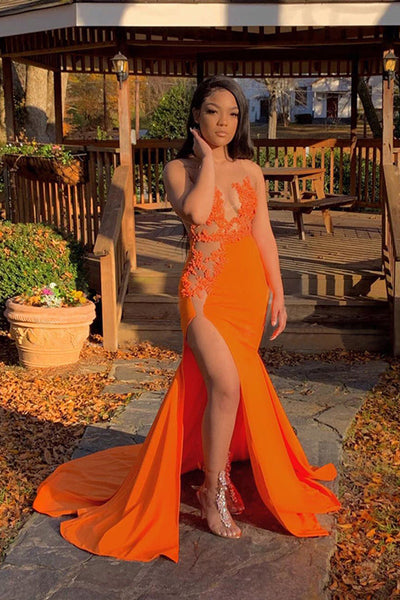 SEE THROUGH SLEEVELESS FRONT SLIT BRUSH TRAIN APPLIQUES MERMAID PROM DRESS SAS58