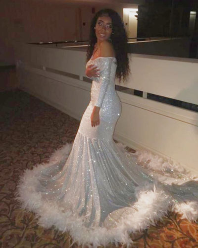 OFF-THE-SHOULDER SEQUINS FUR TRIM COURT TRAIN MERMAID PROM DRESS SAS67