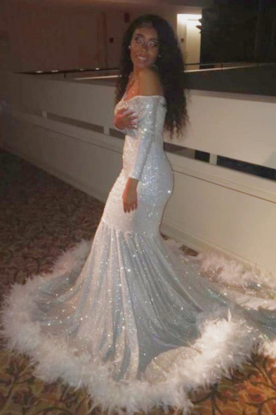 OFF-THE-SHOULDER SEQUINS FUR TRIM COURT TRAIN MERMAID PROM DRESS SAS67
