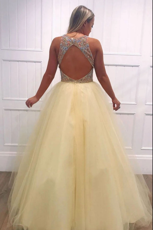 Yellow tulle v neck beads long prom dress yellow evening dress B123