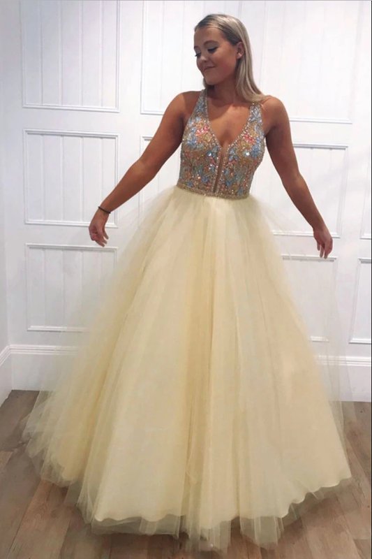 Yellow tulle v neck beads long prom dress yellow evening dress B123