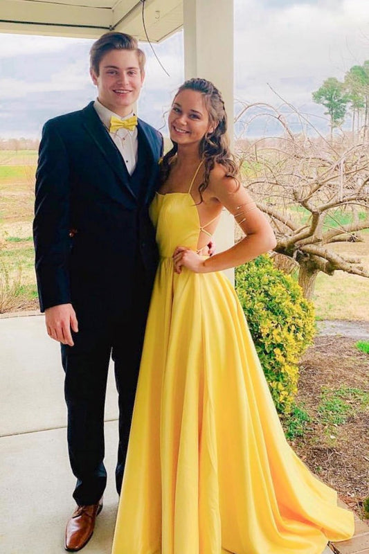 Yellow Satin Simple Open Back Long Prom Dress B181