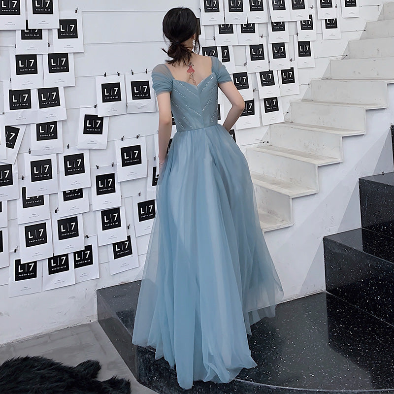 Blue tulle long prom dress, evening dress B304