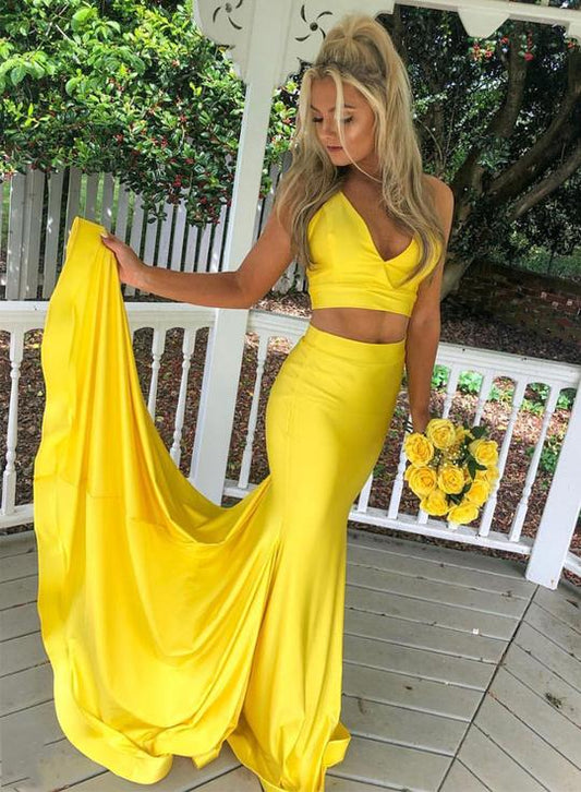 Yellow Satin Two Piece Long Train Prom Dress B341