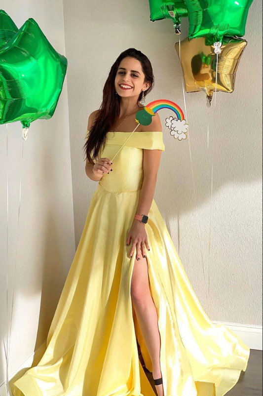 Yellow satin long prom dress, yellow evening dress B544