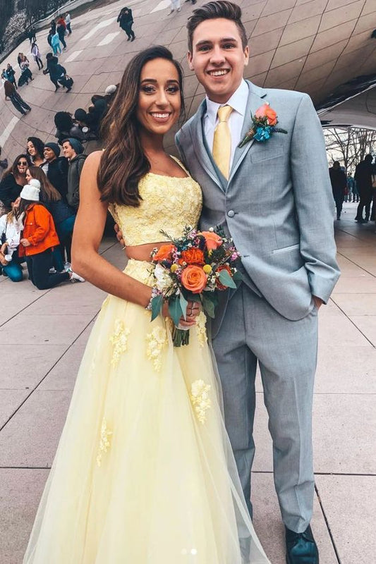 Yellow two pieces lace long prom dress, sweet 16 dress B556