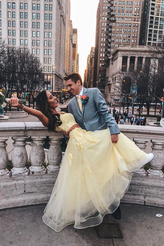 Yellow two pieces lace long prom dress, sweet 16 dress B556