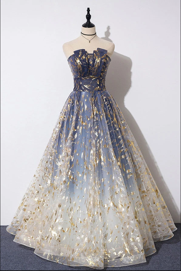 Unique A Line Strapless Blue Ombre Tulle Long Prom Dress Evening Dress B96