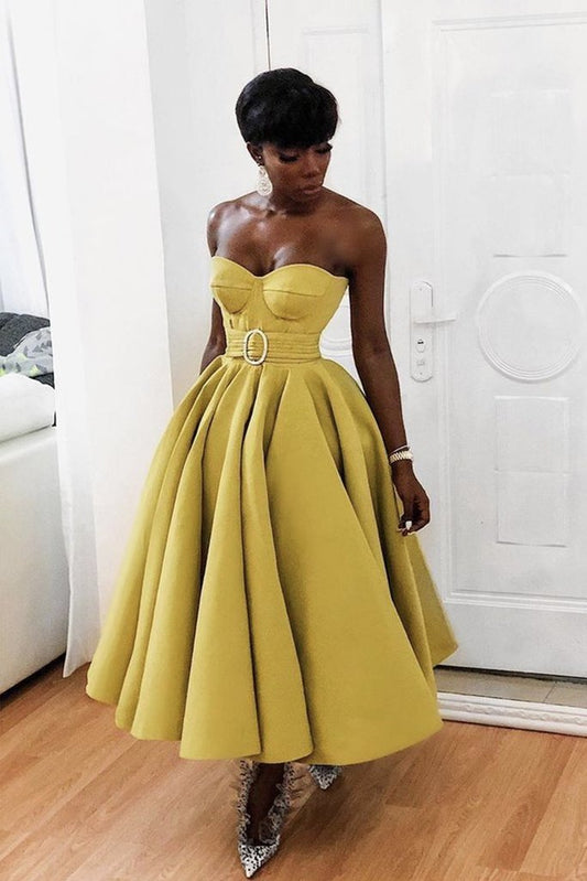 Yellow sweetheart neck satin tea length prom dress, yellow evening dress KS414