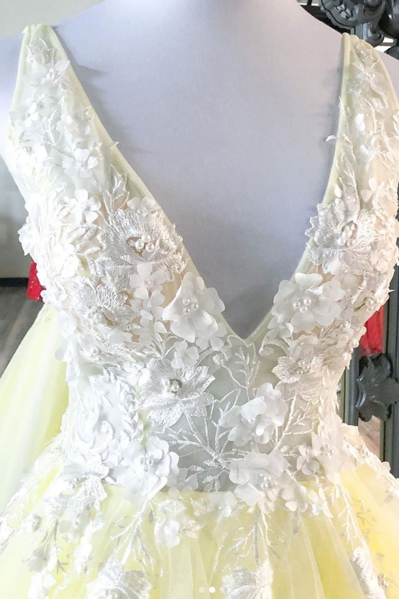 Yellow v neck tulle lace long prom dress yellow formal dress KS1170