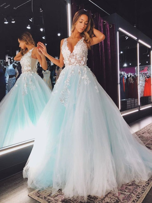 V Neck Open Back Tulle Applique Long Prom Dress SH568