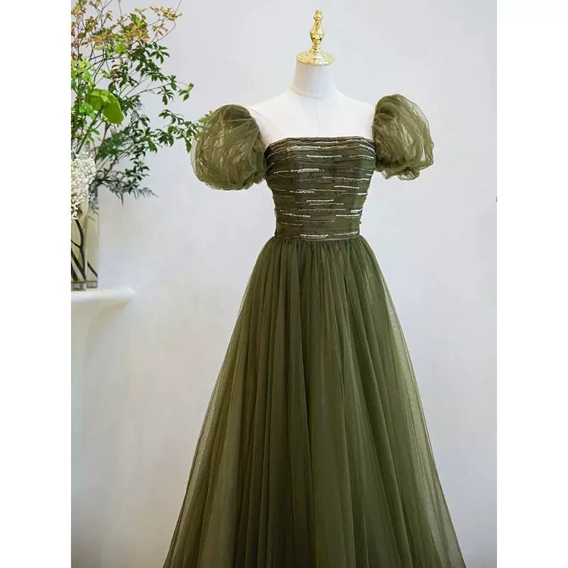Simple A line Green Long Prom Dresses SH225