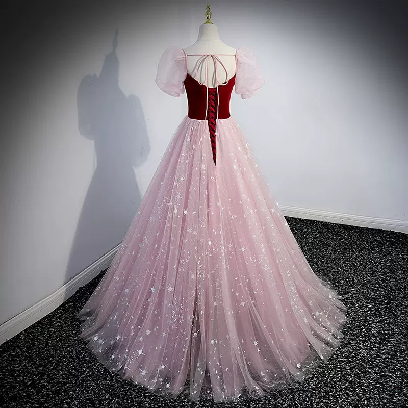 Princess Pink Short Sleeves Tulle Prom Dresses Sexy Evening Dress SH095