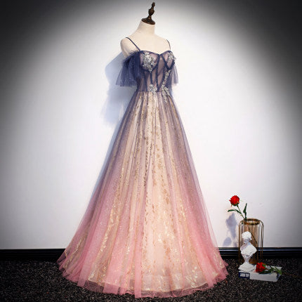 Simple A line Tulle Long Prom Dresses SH212