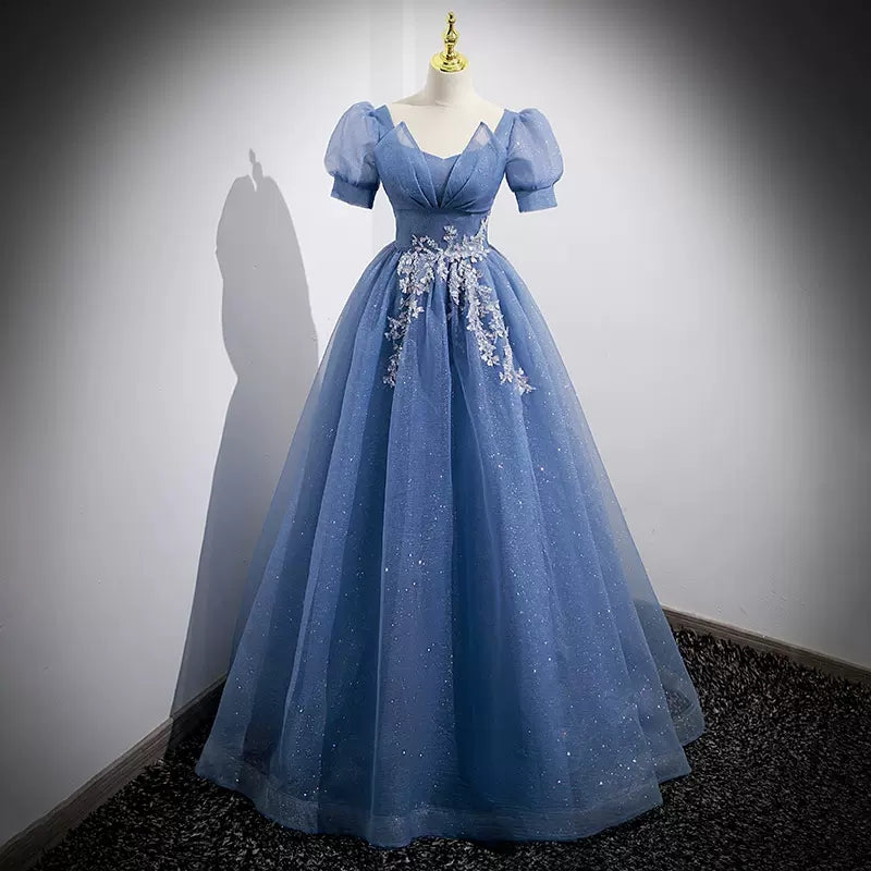 Ball Gown Short Sleeves Long Tulle Blue Prom Dresses SH035 shinydress Ball Gown Short Sleeves Long Tulle Blue Prom Dresses SH035 shinydress