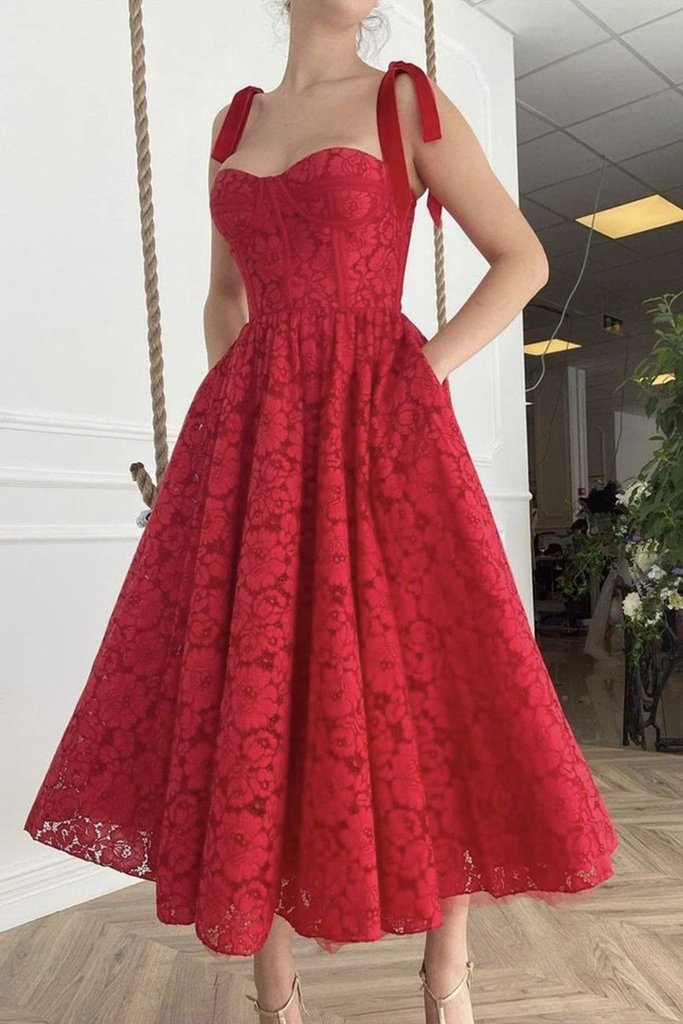 Sweetheart Neck Tea Length Red Lace Prom Dress, Red Lace Homecoming Dr shinydress Sweetheart Neck Tea Length Red Lace Prom Dress, Red Lace Homecoming Dr shinydress