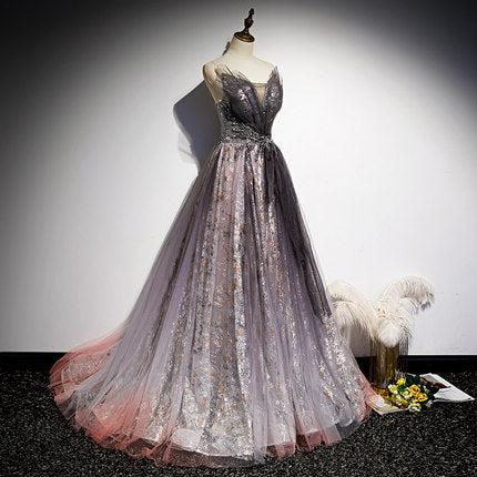 A line Short Sleeves Long Tulle Prom Dresses SH160