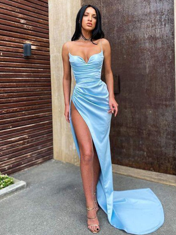 Sheath/Column Satin Spaghetti Straps Sleeveless Ruched Sweep/Brush Train Prom Dresses KS6798