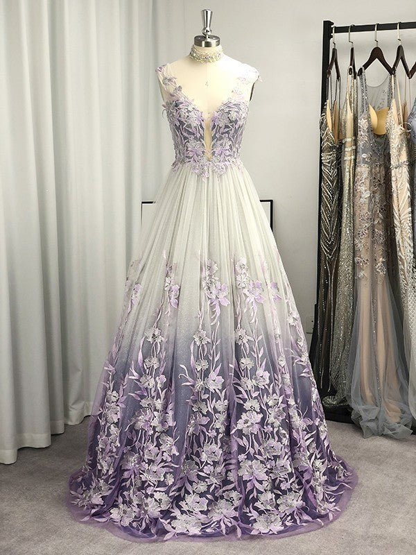 A-Line/Princess V-neck Tulle Applique Sleeveless Floor-Length Prom Dre shinydress A-Line/Princess V-neck Tulle Applique Sleeveless Floor-Length Prom Dre shinydress