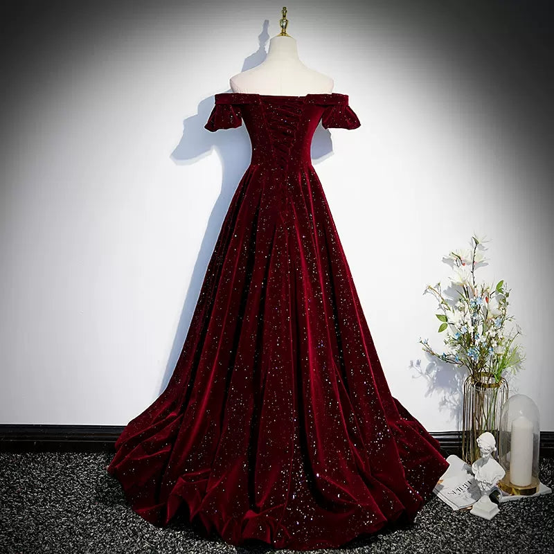 Off The Shoulder Velvet Red Prom Dresses Sexy Evening Dress SH104