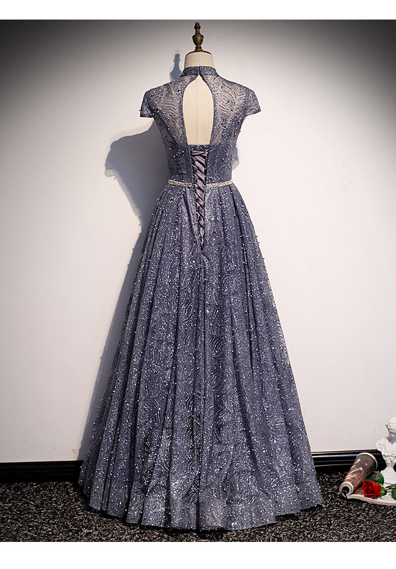 Princess High Neckline Short Sleeves Long Prom Dresses SH044