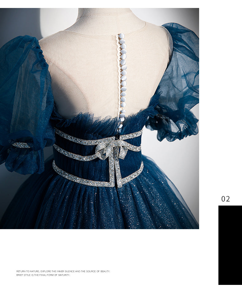 Princess Tulle Blue Short Sleeves Long Prom Dresses SH042