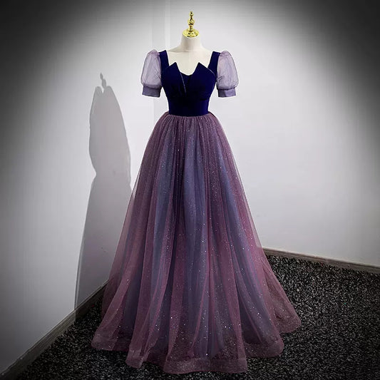 Simple Grape Tulle Prom Dresses Sexy Evening Dress SH106