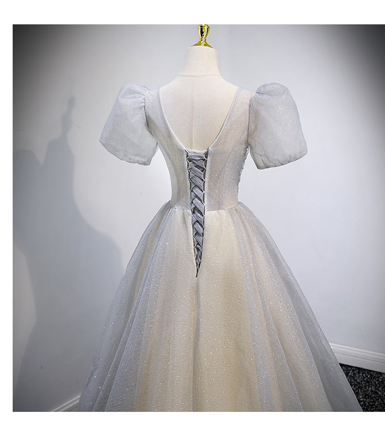 Princess Tulle Short Sleeves Long Prom Dresses SH043