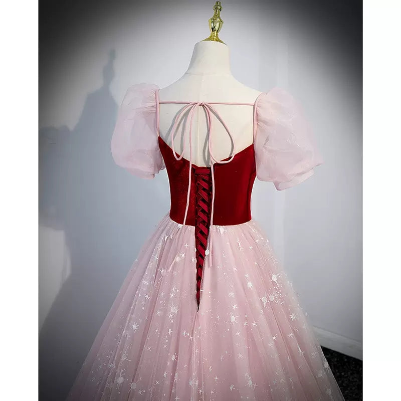 Princess Pink Short Sleeves Tulle Prom Dresses Sexy Evening Dress SH095