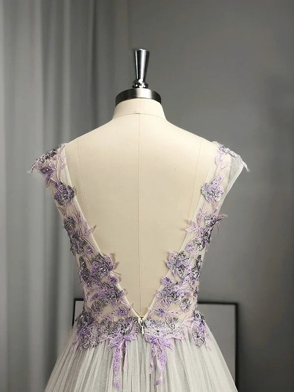 A-Line/Princess V-neck Tulle Applique Sleeveless Floor-Length Prom Dresses KS6803