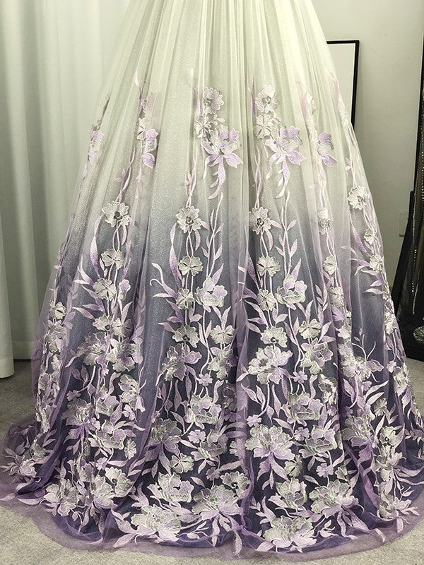 A-Line/Princess V-neck Tulle Applique Sleeveless Floor-Length Prom Dresses KS6803