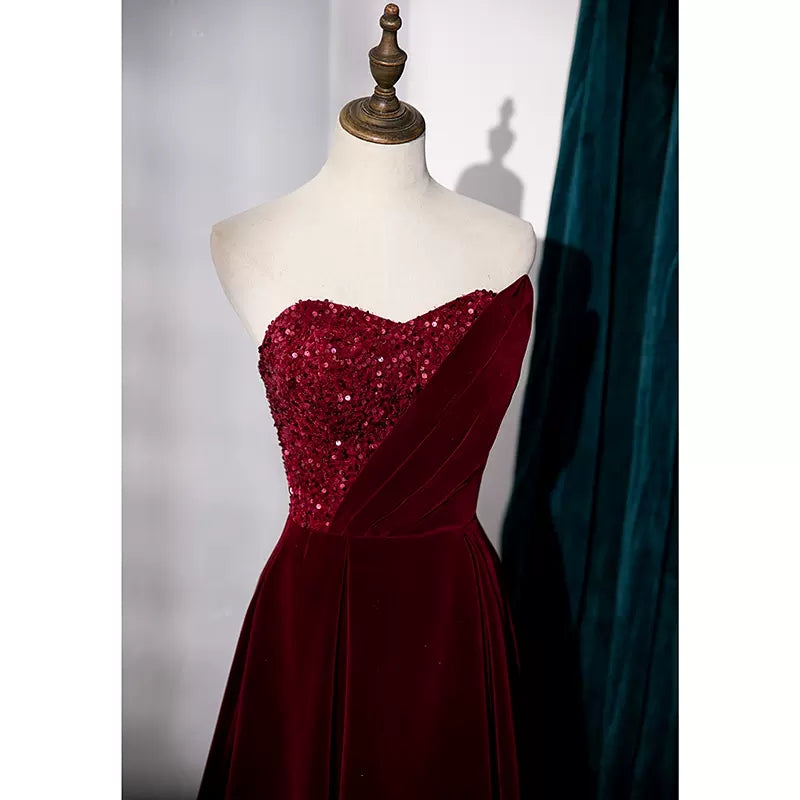 Simple A line Velvet Red Long Prom Dresses SH224