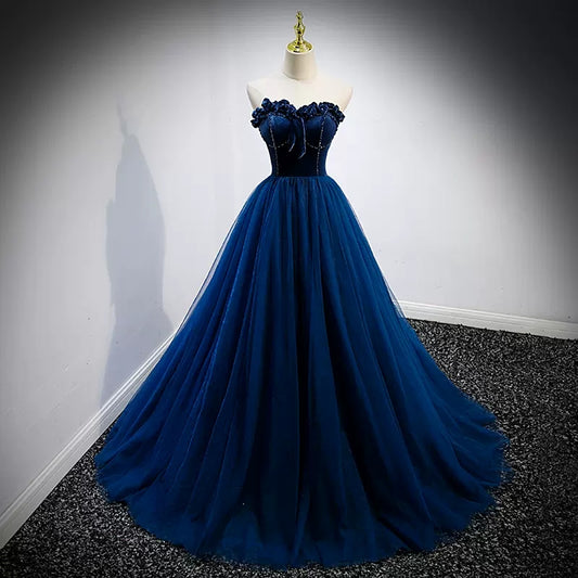 Navy Blue Tulle Strapless Prom Dresses Sexy Evening Dress SH098