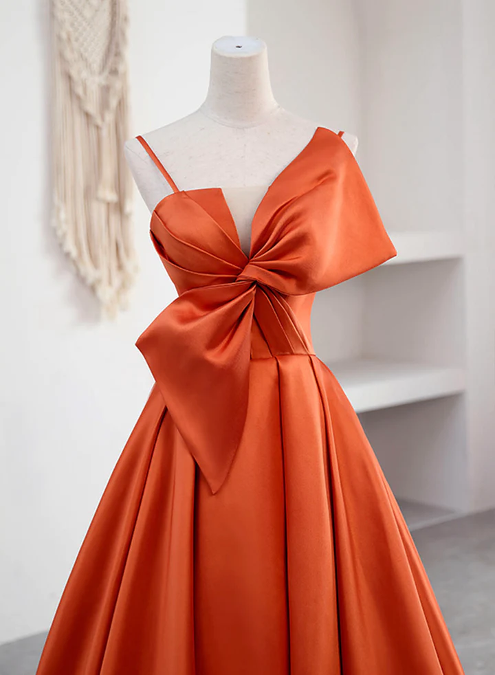 Elegant Spaghetti Straps Orange Satin Long Formal Prom Dress SH563
