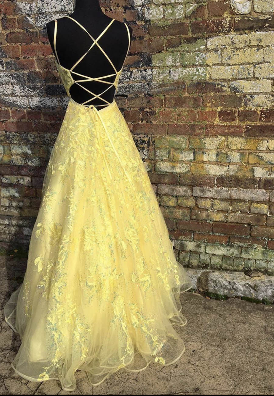 Yellow tulle lace long prom dress evening dress P01026