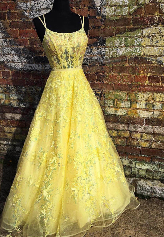 Yellow tulle lace long prom dress evening dress P01026
