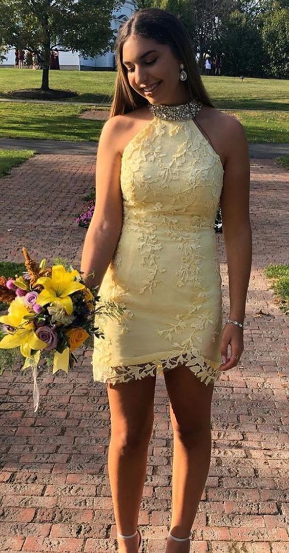 yellow short homecoming dresses, luxury short dresses with beading, sexy short prom dresses tight P01678
