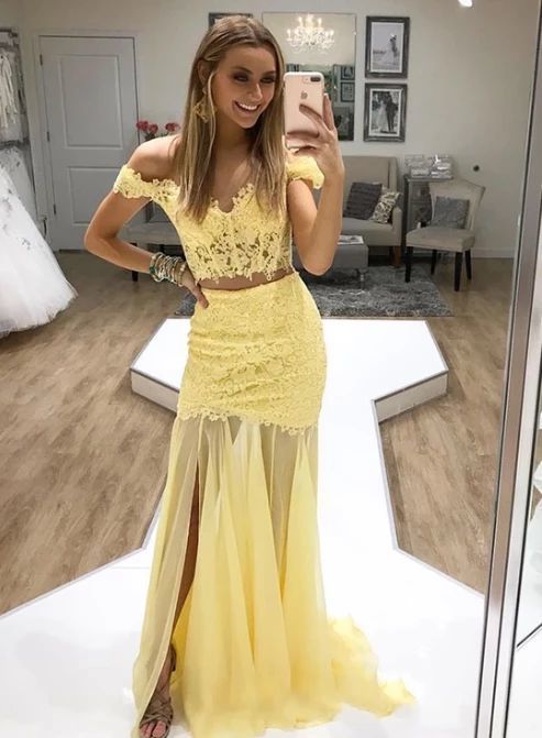 Yellow lace two pieces long prom dress, evening dress P01805 shinydress Yellow lace two pieces long prom dress, evening dress P01805 shinydress