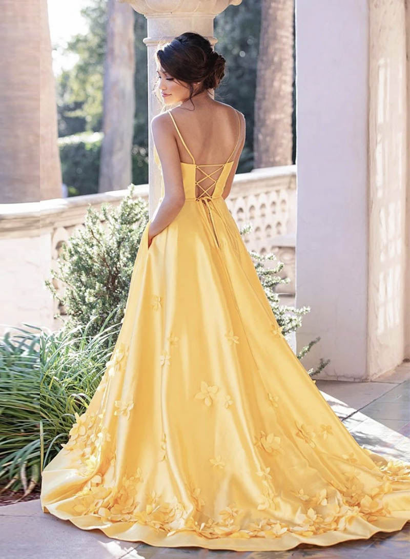 Yellow satin long prom dress formal dress P097