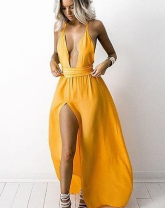 Yellow Prom Dress,Deep V-neck Prom Dresses,Sexy Prom Dress,Sexy Prom Dresses,Leg Slit Prom Dress P3131