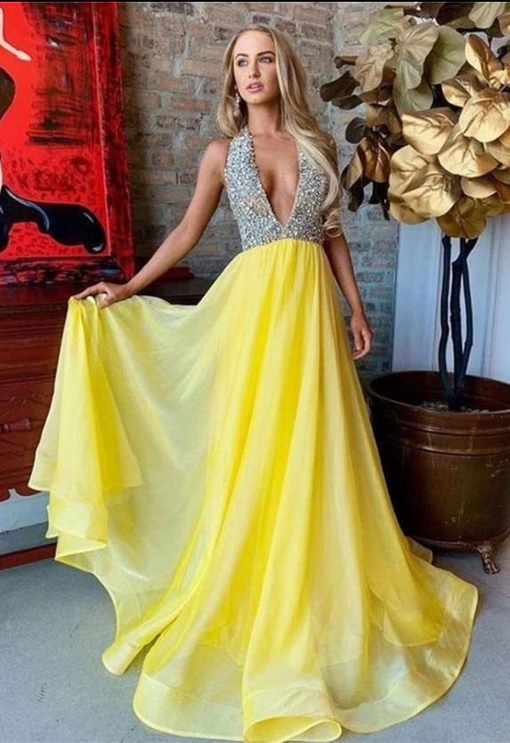 Yellow V Neck Rhinestone Sweep Train Prom Dress P4033