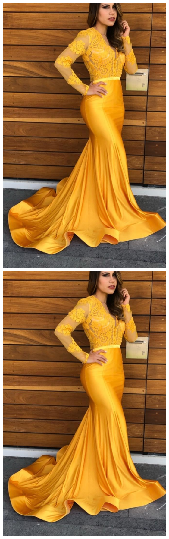 Yellow Lace Mermaid Prom Party Dresses Vintage Sheer Lace V-neck Evening Gowns Formal Red Carpet Dress with Long Sleeves P4311