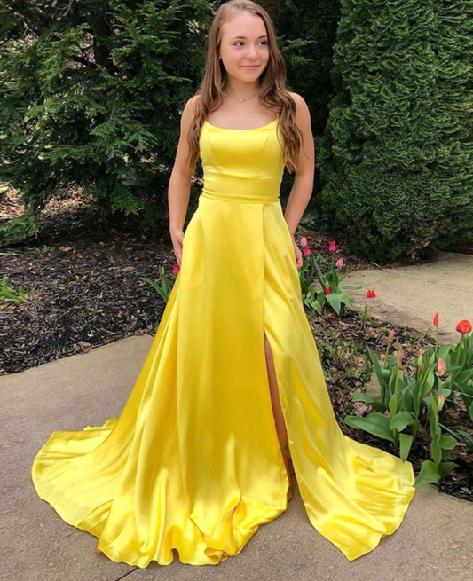 YELLOW SATIN LONG PROM DRESS SIMPLE EVENING DRESS P5472
