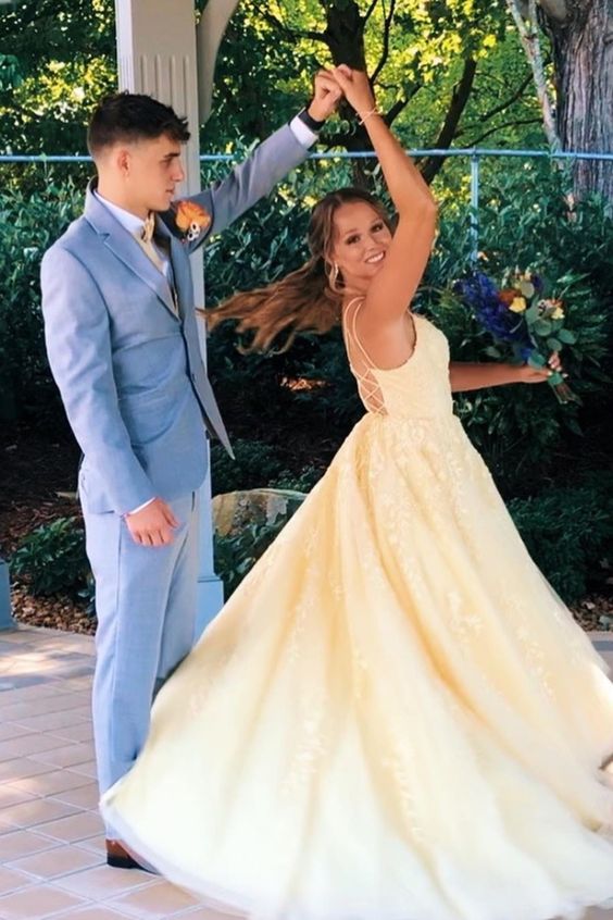 Yellow Long Prom Dress Prom Dress with Lace P5933